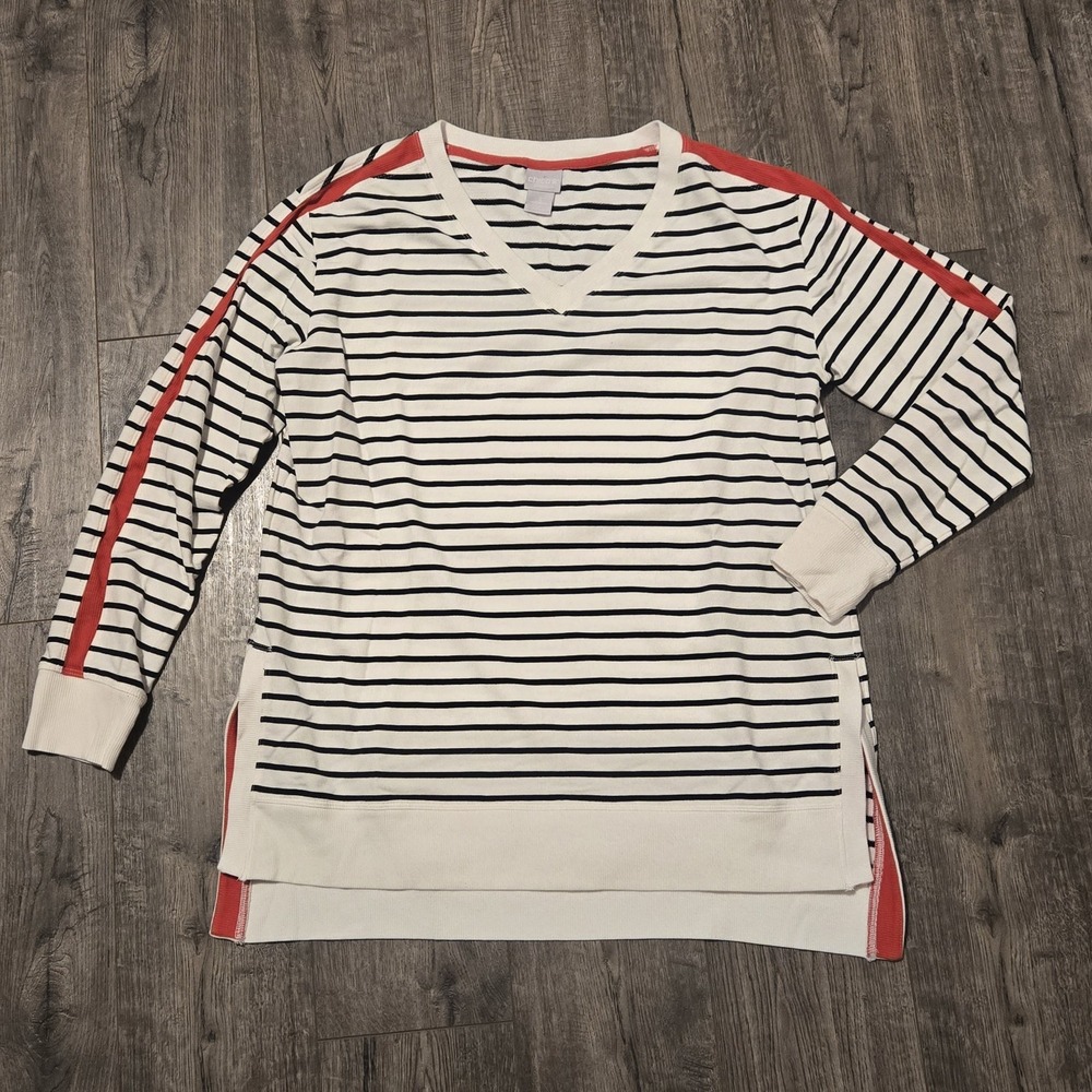 Chicos Zenergy Navy & White Striped Nautical Top Sz 1 (Medium) Modal Soft Cozy
